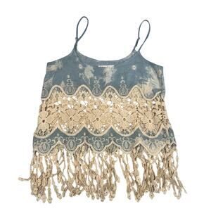 Stella Laguna Beach Crochet Lace Fringe Tank Top Blue Tie Dye Women’s Large Boho